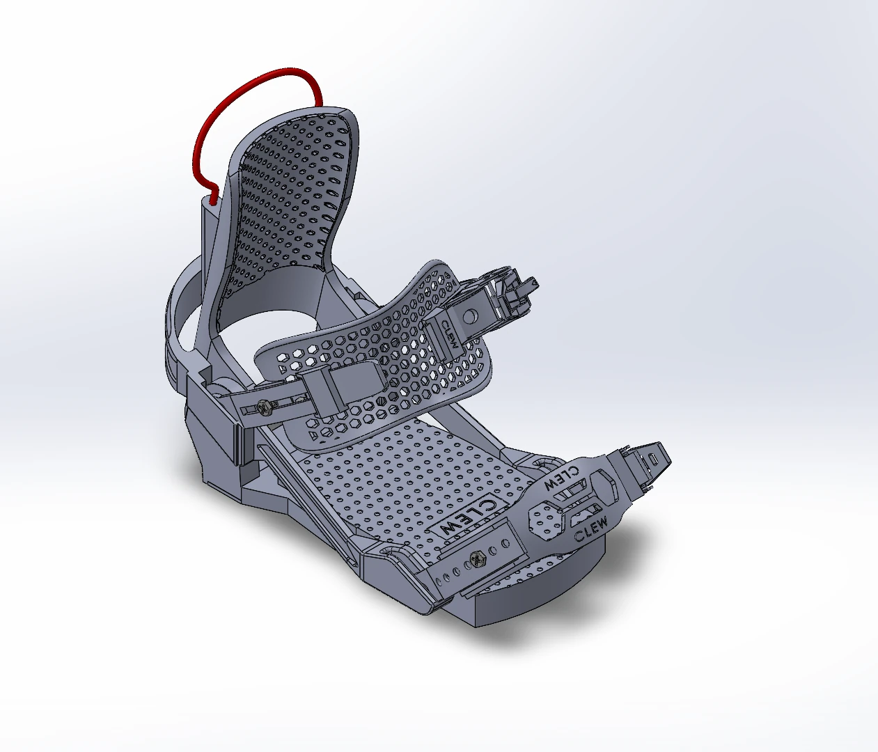 Angled SolidWorks view of the complete gray snowboard binding, showing the curved backing, perforated ankle and toe straps, base, and red handle.