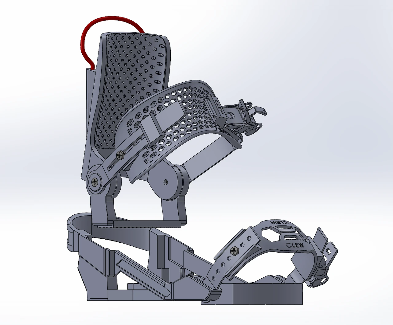 SolidWorks view with the backing and ankle-strap assembly raised above the base and toe strap, revealing the separated connection geometry.